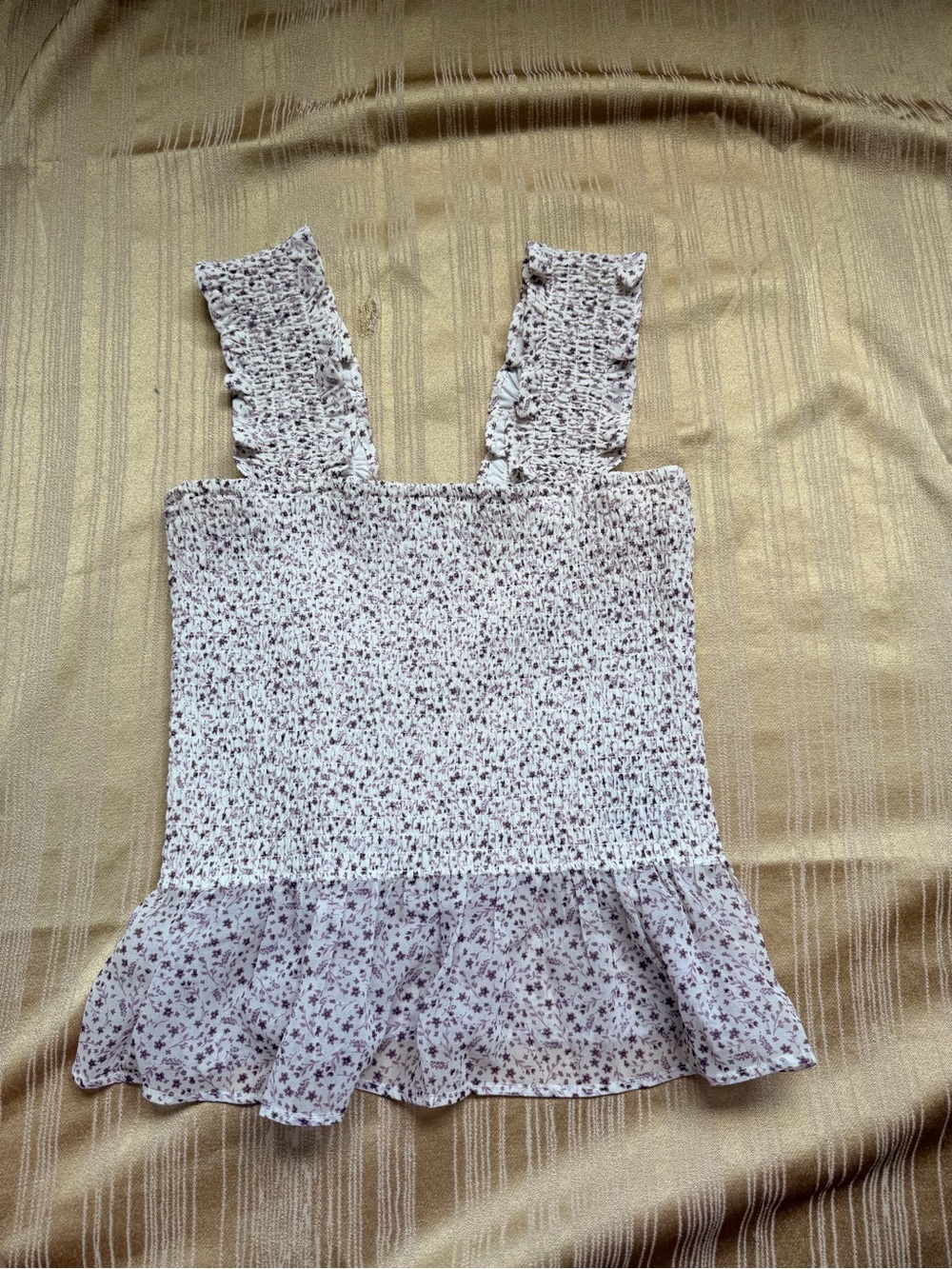 Floral Smocked Peplum Tank Top - White with Purple Floral